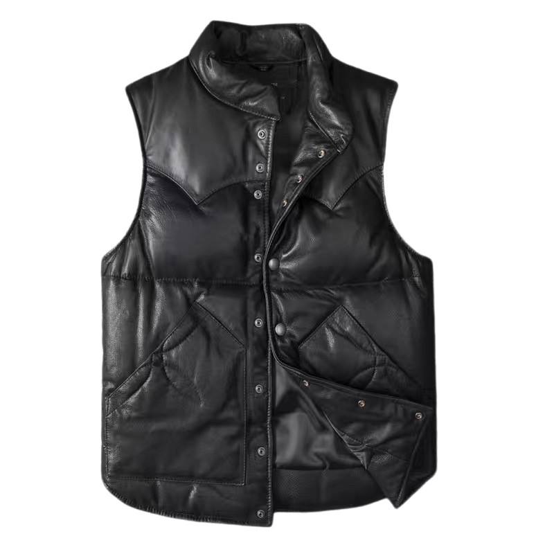 日系冬季真皮羽绒马甲男女短款绵羊皮机车夹克白鸭绒内里外套潮牌