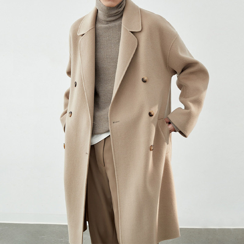 日系轻奢秋冬季青年韩版双排扣时尚中长款羊毛呢子双面呢子大衣男