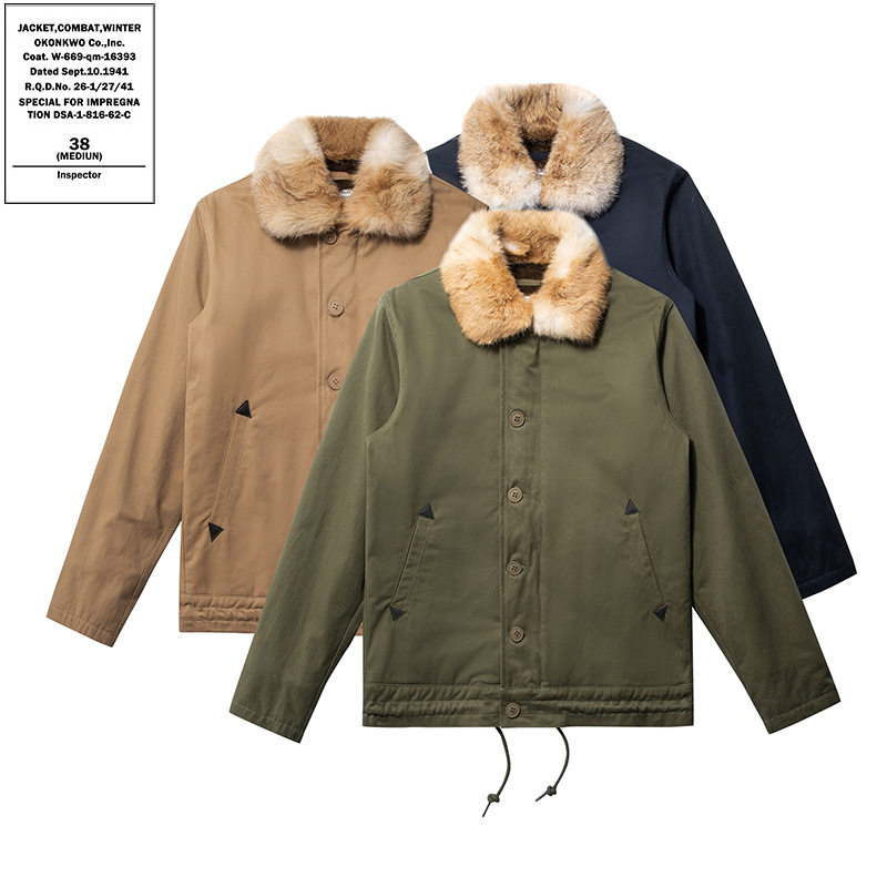 日系复古海军N-1夹克航母甲板服DECK JACKET纯色兔毛大毛领N1棉服