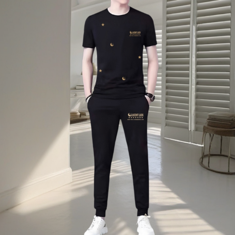 2026夏季新款黑色简约时尚男士冰丝运动套装潮流百搭休闲运动服男