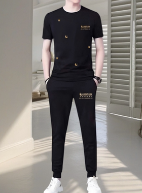 2026夏季新款黑色简约时尚男士冰丝运动套装潮流百搭休闲运动服男