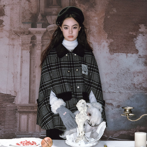 双面羊毛呢斗篷外套半身裙套装