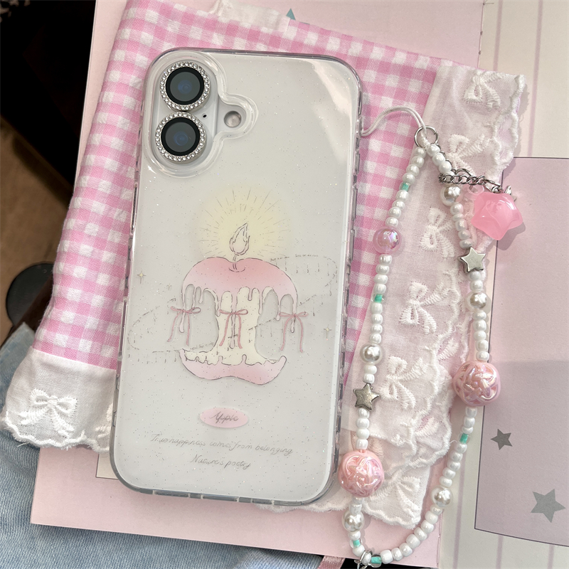 韩系ins小清新简约手绘粉色少女心苹果蜡烛插画手链星星16promax适用iphone15pro双层印花14手机壳苹果13防摔
