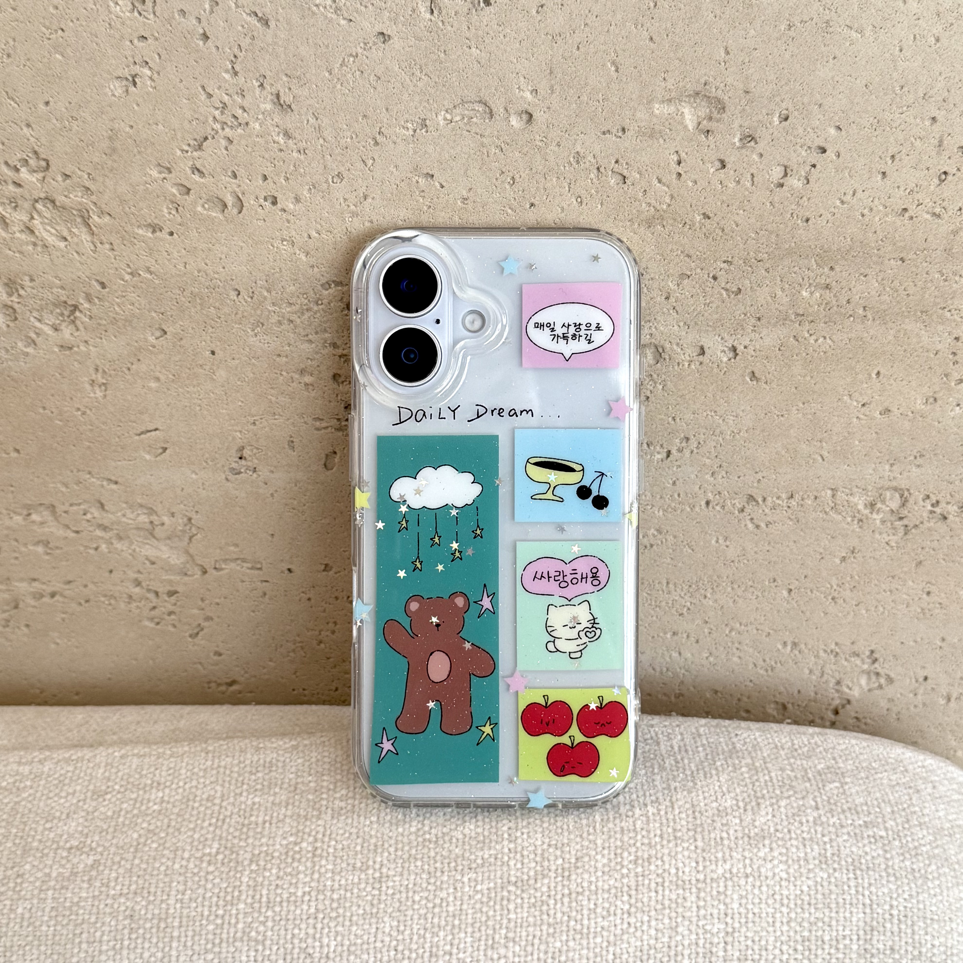 韩系ins风可爱创意少女心甜美小熊红苹果猫咪咖啡插画16promax适用iphone15pro透明双层细闪14手机壳苹果13女