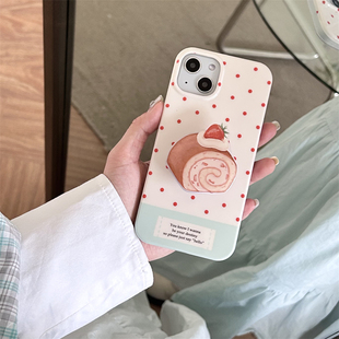 韩风ins甜美少女心草莓瑞士卷支架14promax适用iPhone11苹果15手机壳12pro波点软壳防摔保护套11女小清新13