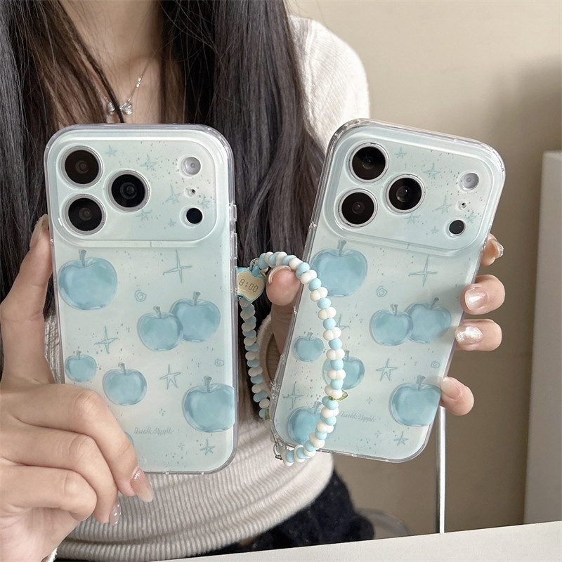 韩系ins小清新简约奶蓝苹果手绘涂鸦手链17promax适用iphone16pro双层硬壳14苹果15pro手机壳防摔13少女可爱