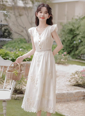 复古时光记【初棉】小个子法式复古修身显瘦刺绣短袖连衣裙女