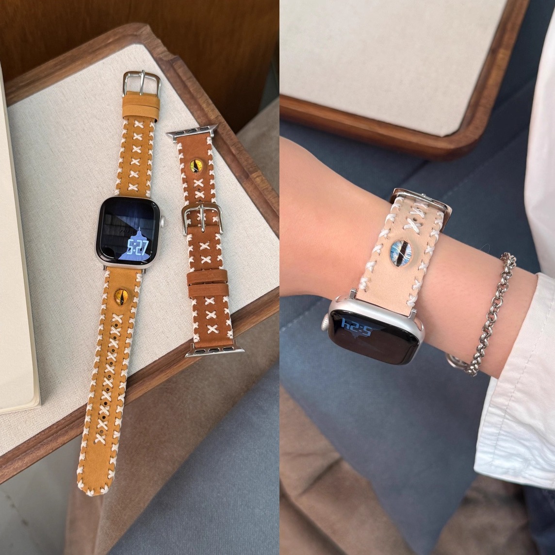 猫眼适用华为Fit3/4/4Pro女表带手工缝线皮质小米手环8/9 Pro腕带