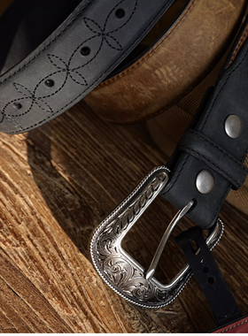 Wrangler威格男士针扣皮带复古压花真皮腰带美式经典西部牛仔风