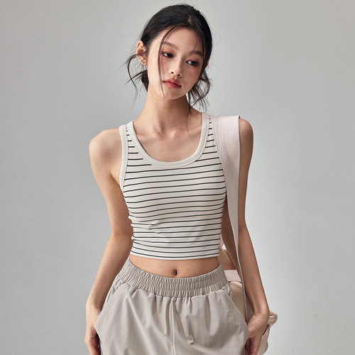 健身女孩一体式防震条纹运动背心