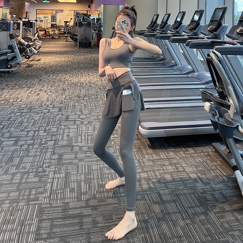 健身女孩假两件瑜伽网纱裙裤高腰紧身遮臀跑步弹性显瘦运动长裤新