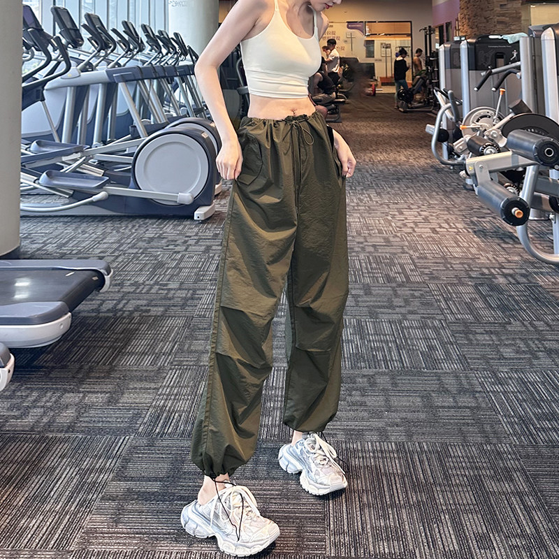 健身女孩抽绳工装运动裤户外休闲宽松专业瑜伽跑步训练束脚长裤新