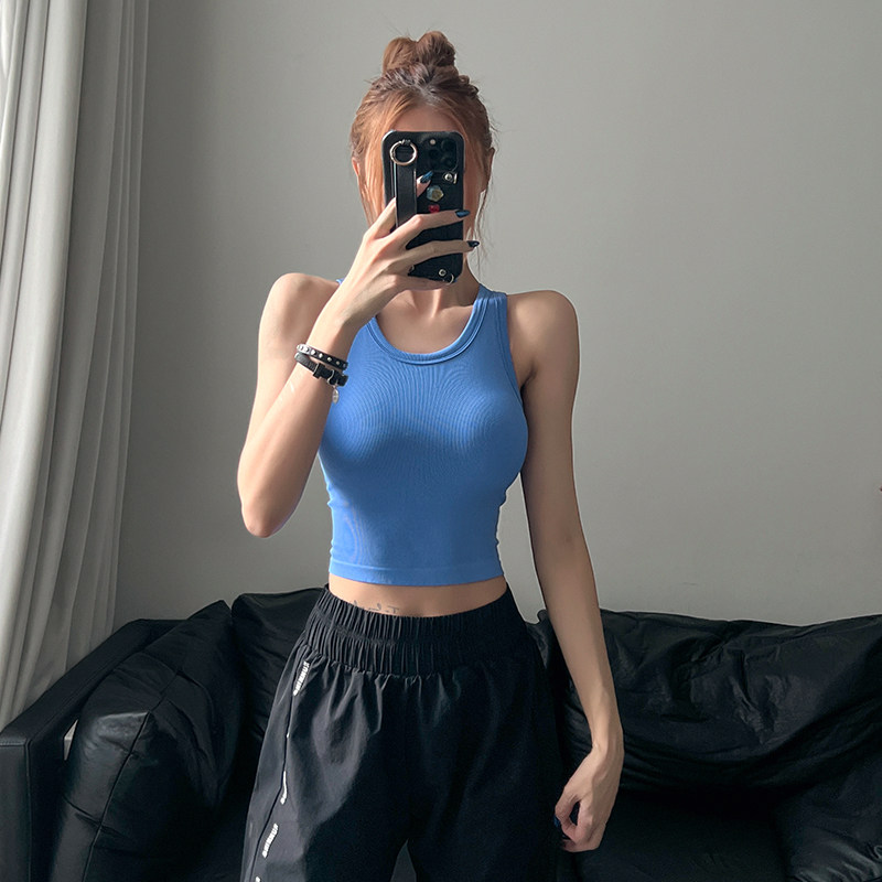 健身女孩多巴胺紧身显瘦运动T恤跑步训练上衣瑜伽服背心带胸垫新