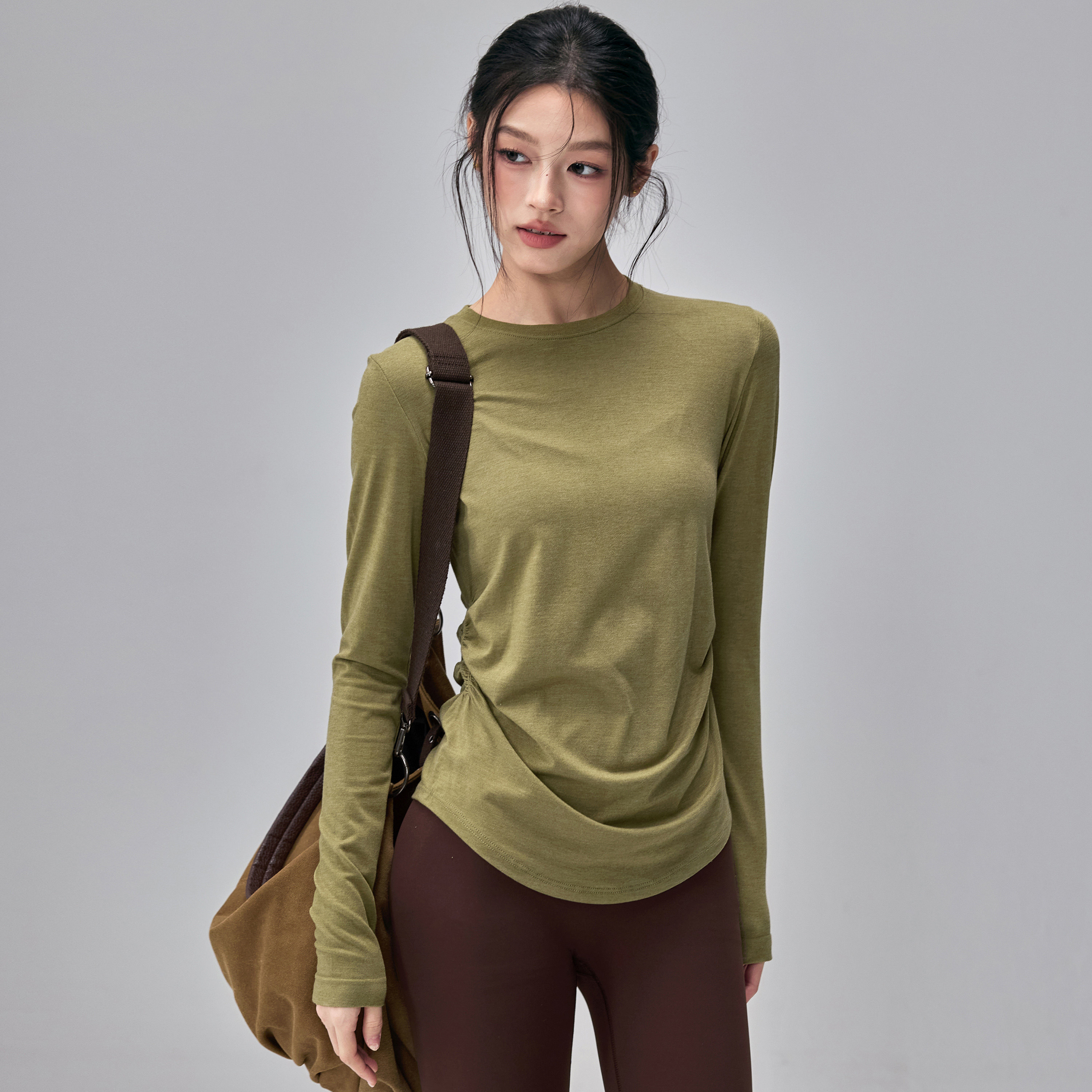 健身女孩莱赛尔瑜伽服长袖含羊毛修身普拉提套装速干跑步运动上衣