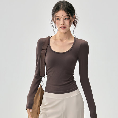 健身女孩带胸垫修身螺纹瑜伽长袖