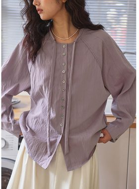 solighter 法式天丝紫色立领抽绳长袖衬衫女2025秋季新款