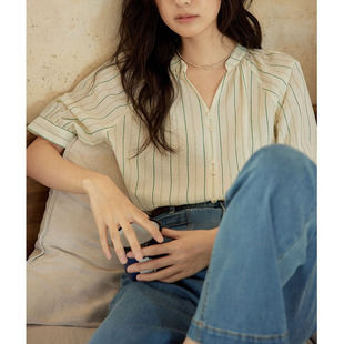 短袖 solighter 衬衣上衣 2024新款 女夏季 法式 盐缩条纹v领衬衫