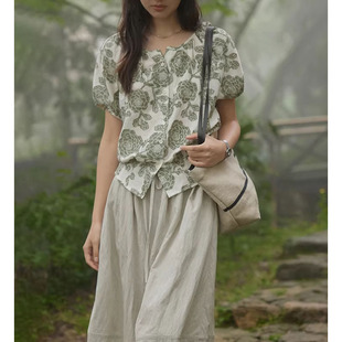 宽松泡泡袖 solighter 衬衣上衣 2025新款 女夏季 法式 剪花圆领衬衫