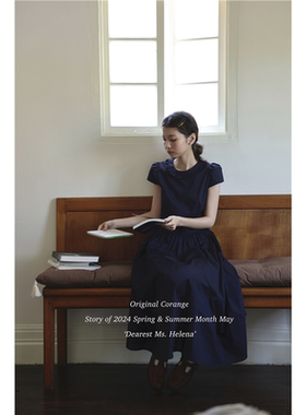 /Corange/短袖圆领木耳花边收腰复古少女感A字连衣裙 英式藏蓝色