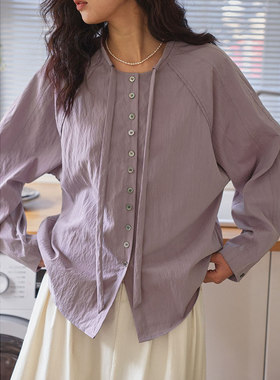 solighter 法式紫色立领抽绳长袖衬衫女春季新款设计感上衣