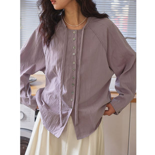 新款 solighter 设计感上衣 女春季 衬衫 法式 紫色立领抽绳长袖