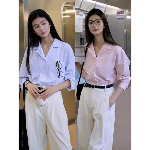 经典古巴领双色通勤长袖衬衫女