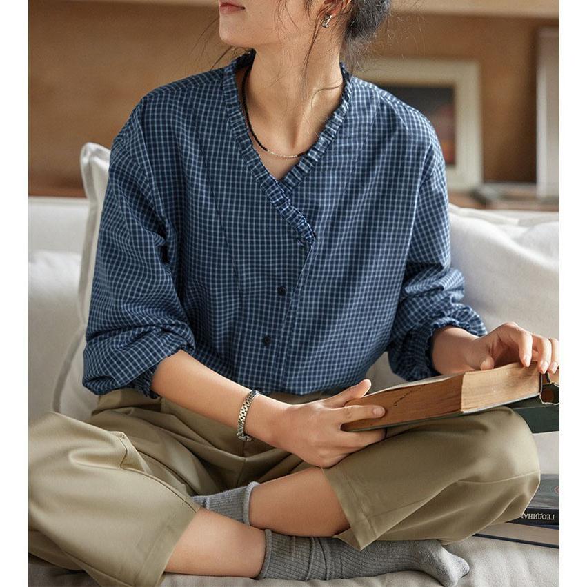 solighter 法式复古格子v领荷叶边长袖衬衫女春季