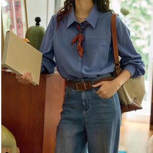 2026新款 solighter 宽松上衣 女春季 衬衫 法式 复古莱赛尔蓝色长袖