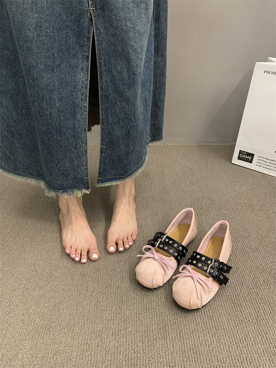 플랫 메리 제인 신발 여성 신발 2024 봄과 가을 새로운 새틴 라운드 발가락 활 얕은 입 프랑스 발레 신발