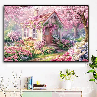 带框钻石画满钻方钻手工贴钻绣卧室客厅乡村田园风景小屋樱花新款