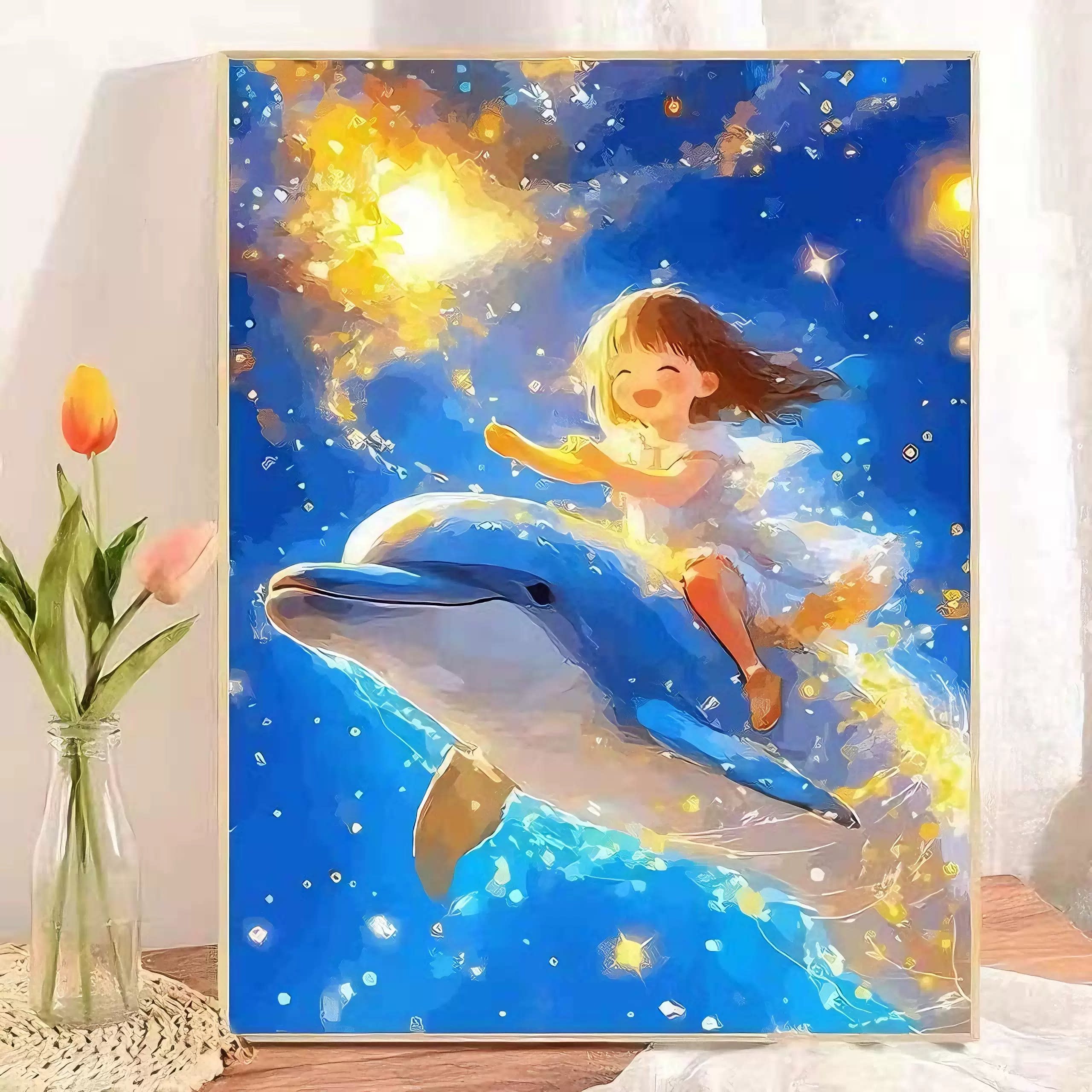 带框钻石画满钻方钻儿童手工贴钻绣欧式卧室客厅卡通海豚女孩新款