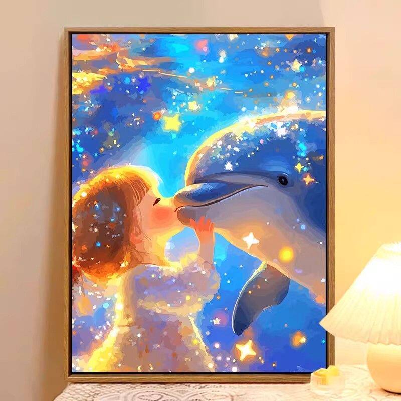 带框钻石画满钻方钻儿童手工贴钻绣欧式卧室客厅卡通海豚女孩新款