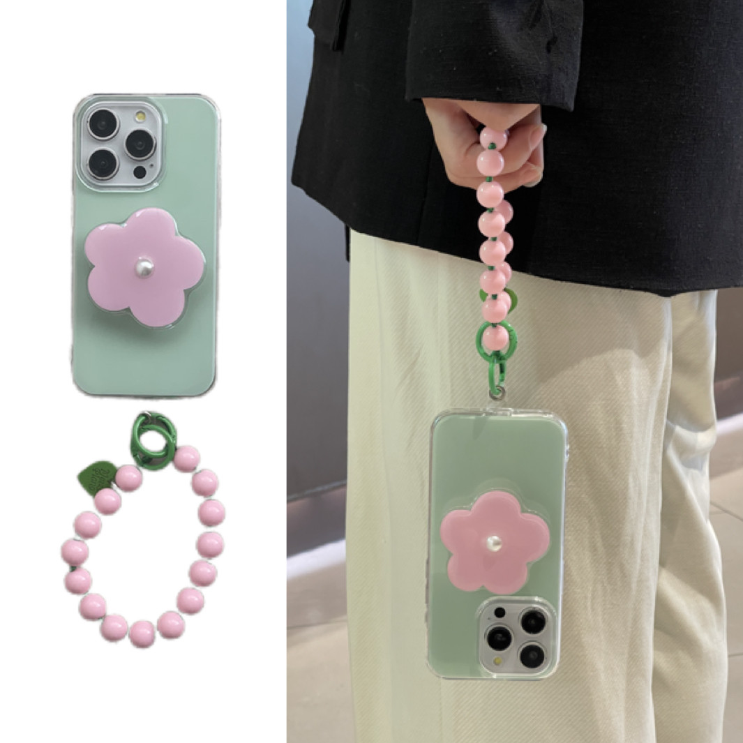 ins撞色简约韩系花朵珍珠支架适用苹果16promax手机壳iphone13新款15pro女款14串珠手链小众奶油风硬壳12pm