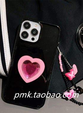 韩国ins小众甜酷黑色适用iPhone15/14promax手机壳苹果13粉宝石支架12pro蝴蝶手机链11保护套xs/xr少女心678p