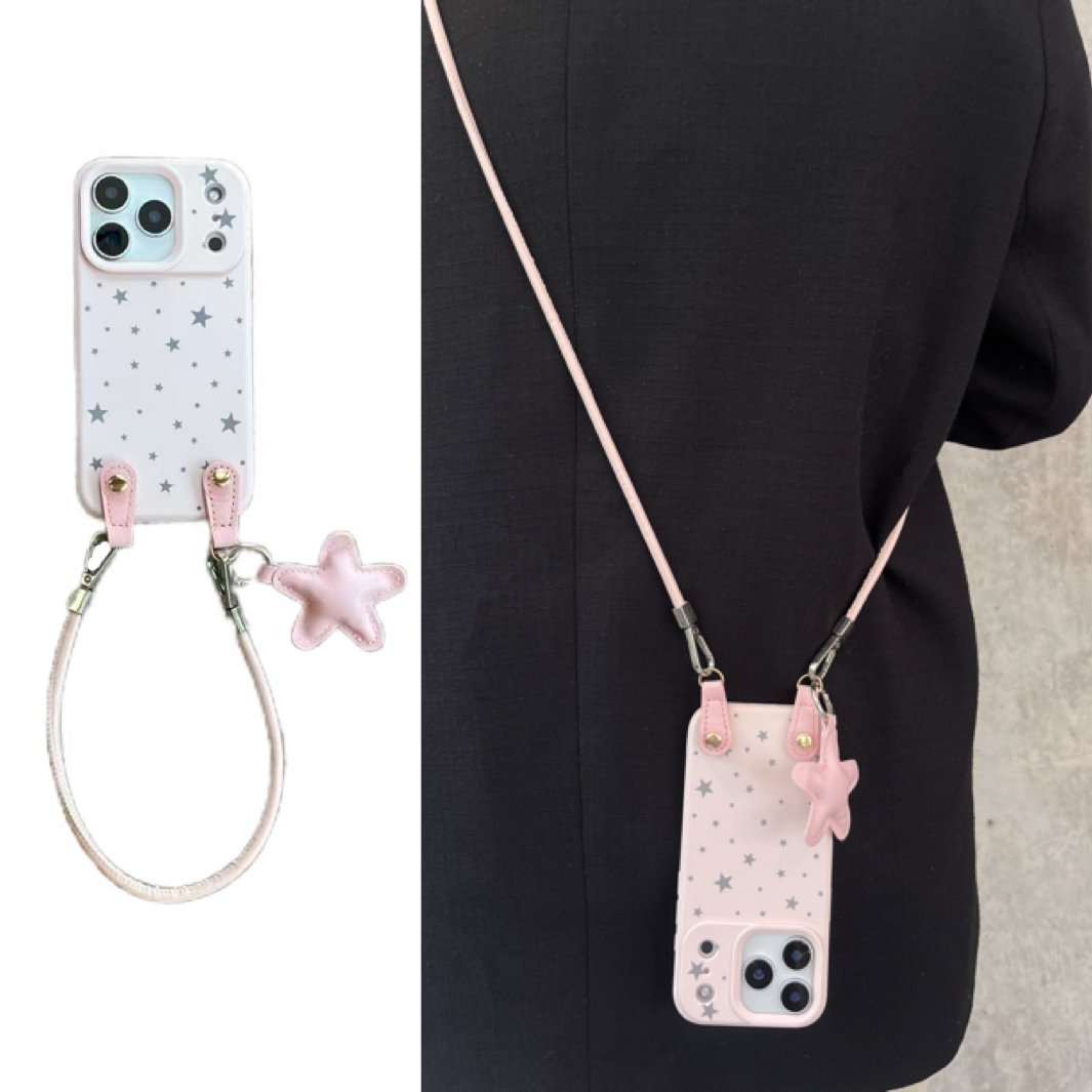 粉色五角星皮质手提绳17手机壳