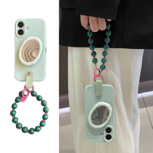 韩系ins夏日奶绿不规则镜子支架手拎串珠链条祖母绿适用苹果16手机壳iphone15promax全包13软14/12新款11