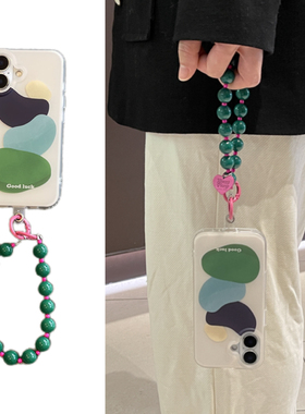 ins涂鸦绿色几何色块手拎祖母绿适用iphone15promax手腕便携17/16pro高级感苹果14手机壳13小众防摔女保护套