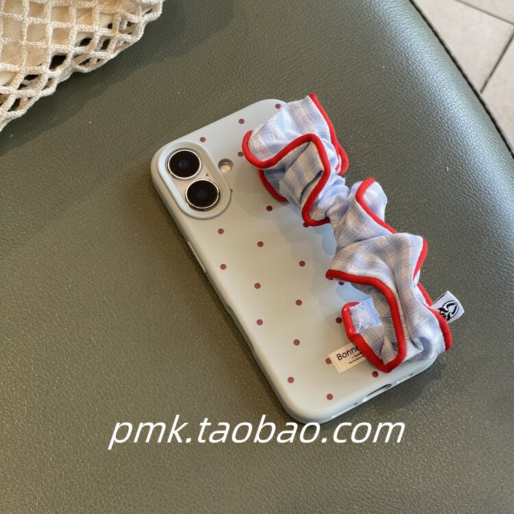少女ins清爽蓝色格子大肠发圈弹性腕带适用iphone16promax苹果17手机壳13新款14Pro个性15promax便捷手腕带