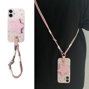 气质粉少女五角星手提绳适用于苹果13promax17手机壳iPhone16pro皮质星星支架15promax防摔14pro斜挎绳背包