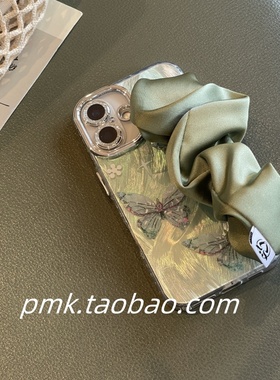 春天ins清新绿色蝴蝶丝巾腕带弹力适用苹果15promax手机壳iphone13新款16pro女12带镜头膜高级感14便捷手提