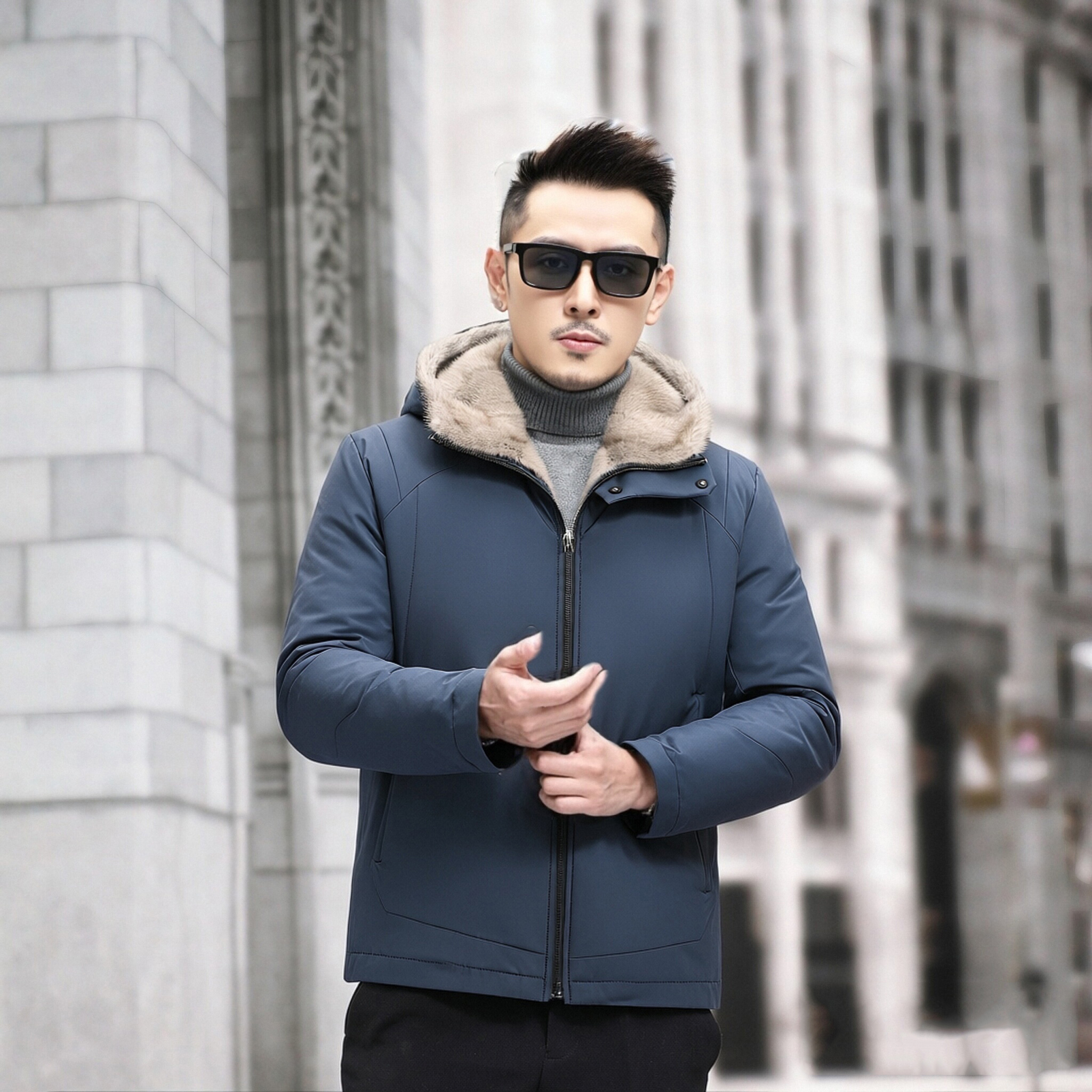 进口水貂男皮草外套连帽皮毛一体