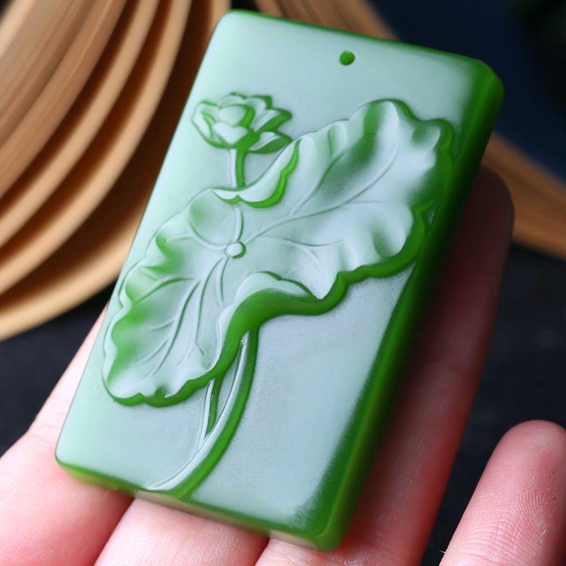 和田羊脂白玉碧玉荷花玉石吊坠 男女款 碧玉莲花玉石项链玉牌蜀黍