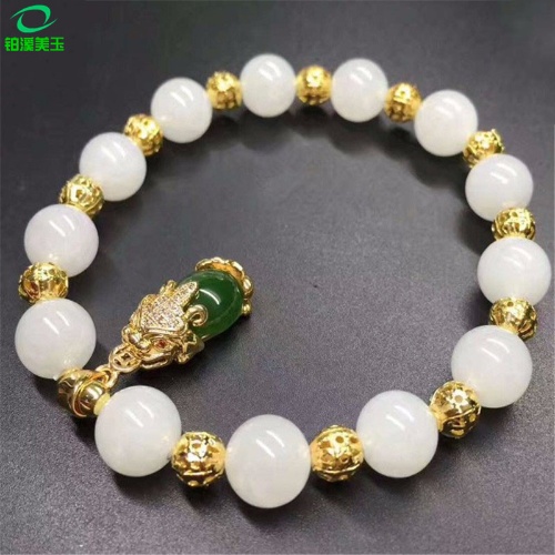天然和田玉白玉手链银镀金镶玉手串佛珠配碧玉貔貅小吊坠款式新