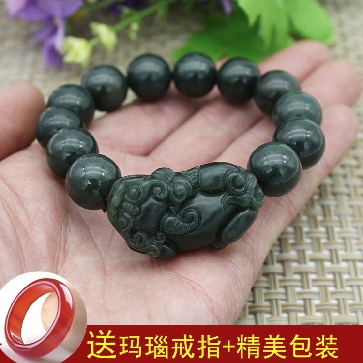 天然玉石新疆和田玉青玉貔貅手链男女款招财转运单圈圆珠佛珠手串