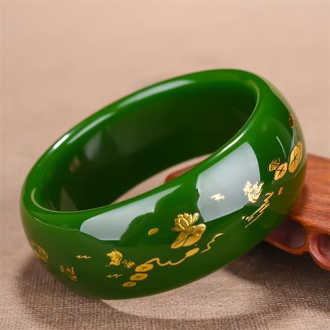 天然新疆和田色菠菜绿玉石手镯加宽版玉镯子荷花【新疆西藏专链】