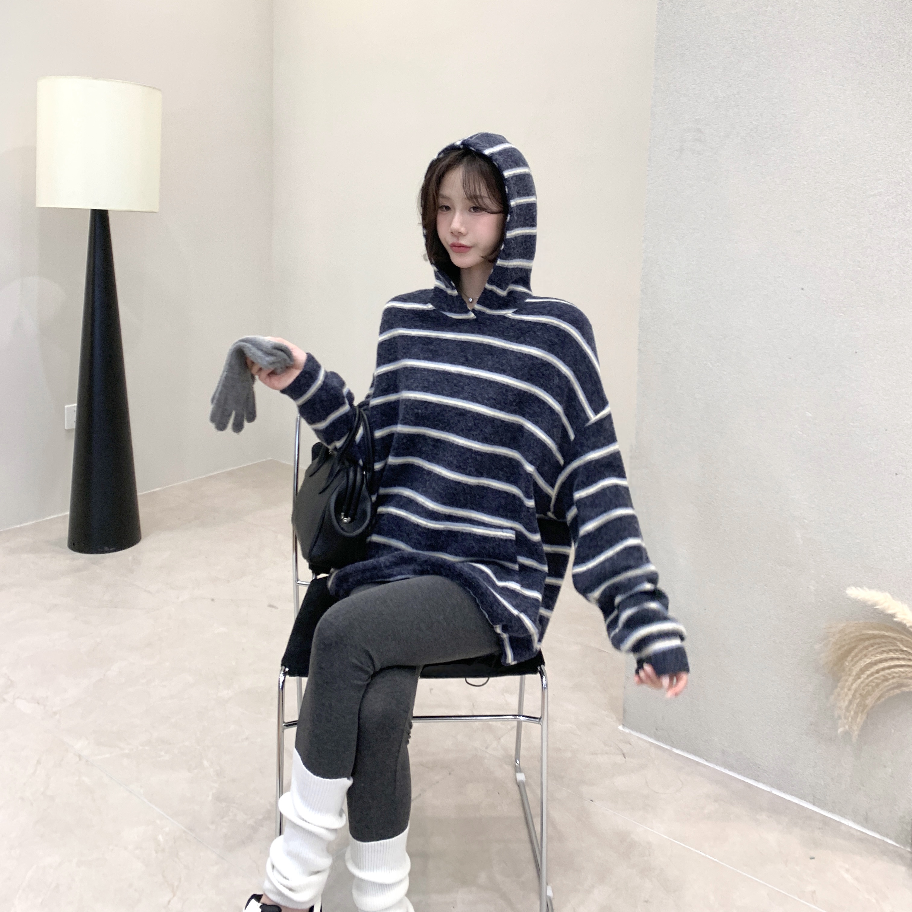 慵懒风条纹连帽休闲卫衣宽松长袖