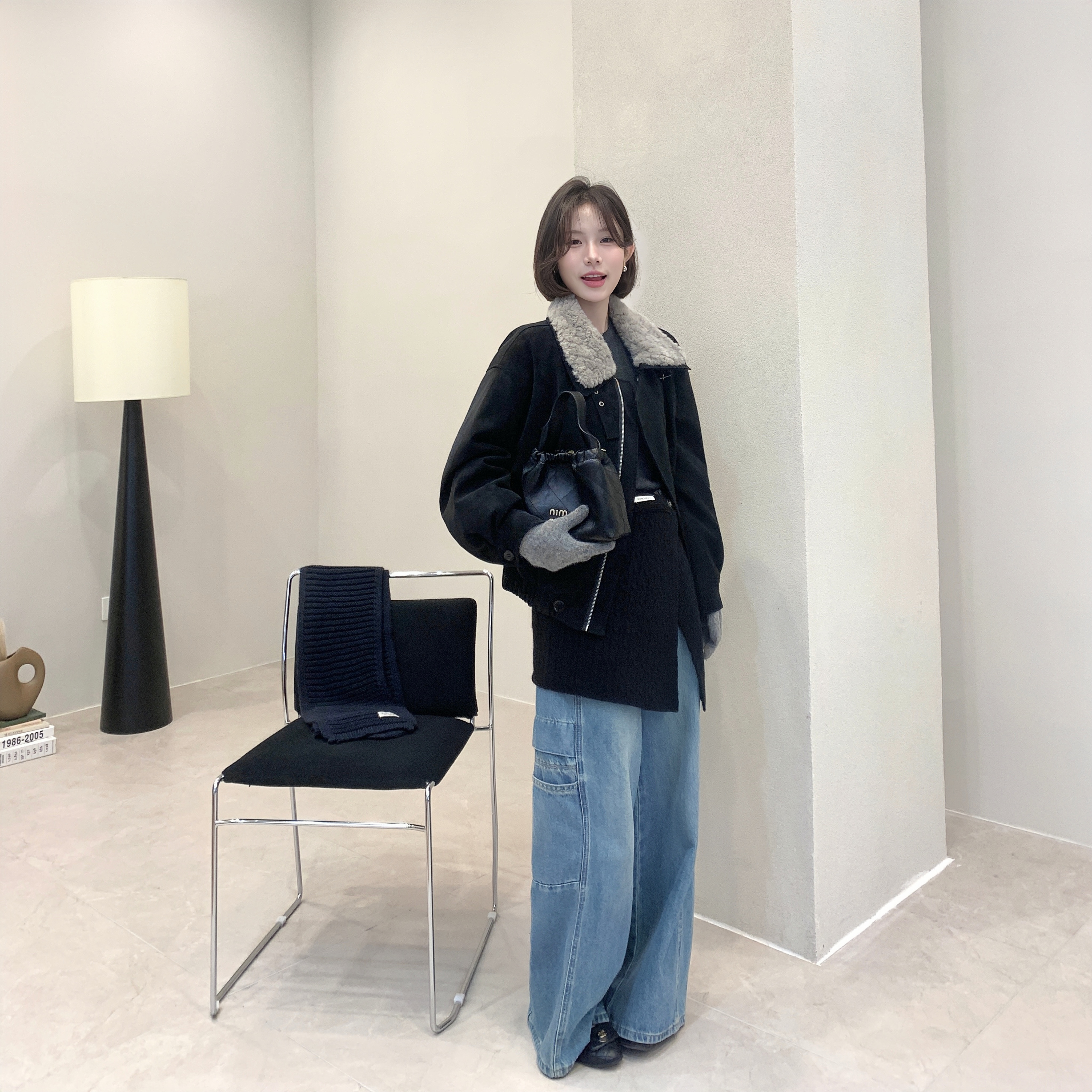 复古毛领拼接皮质羽绒服外套