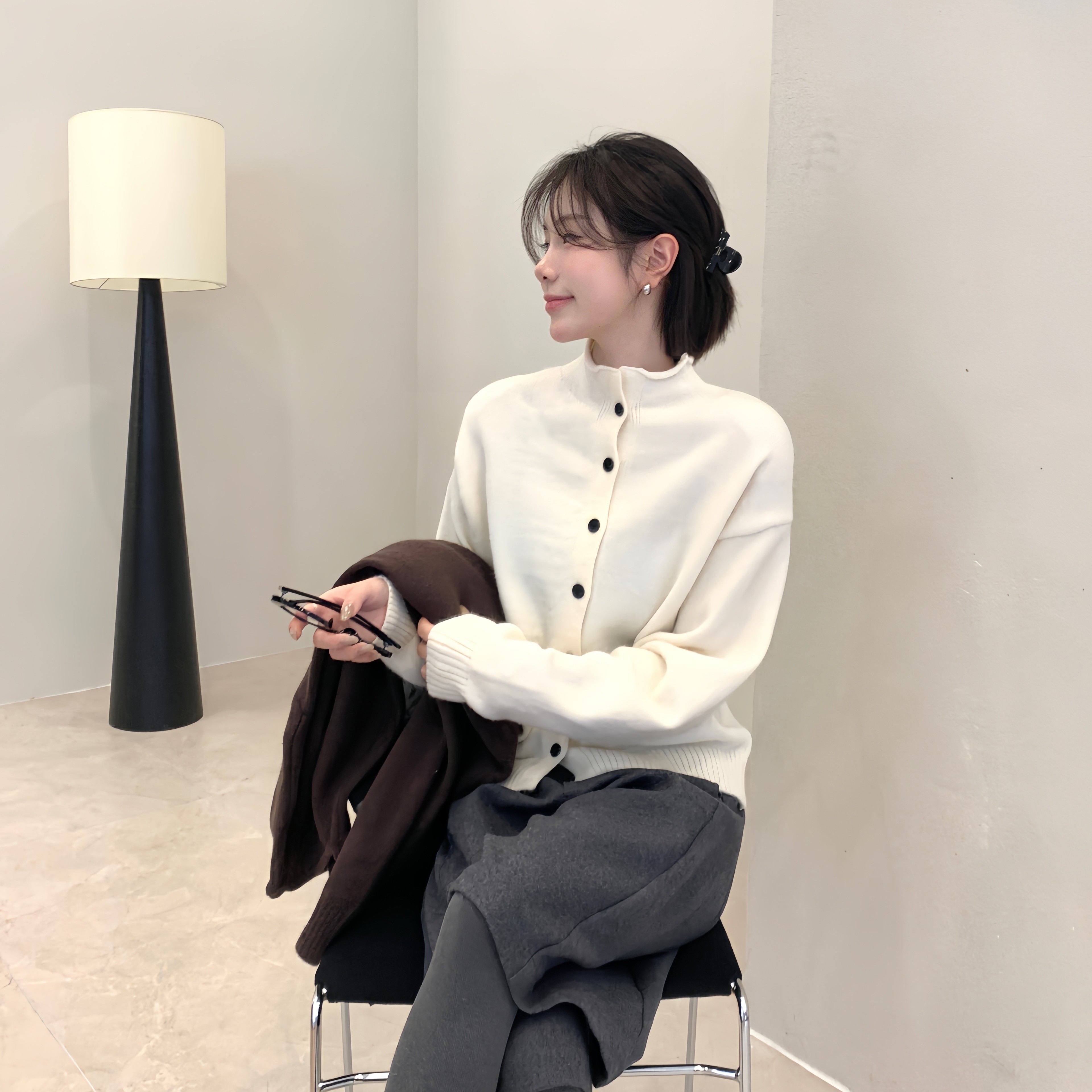 高领纽扣针织衫女打底衫上衣