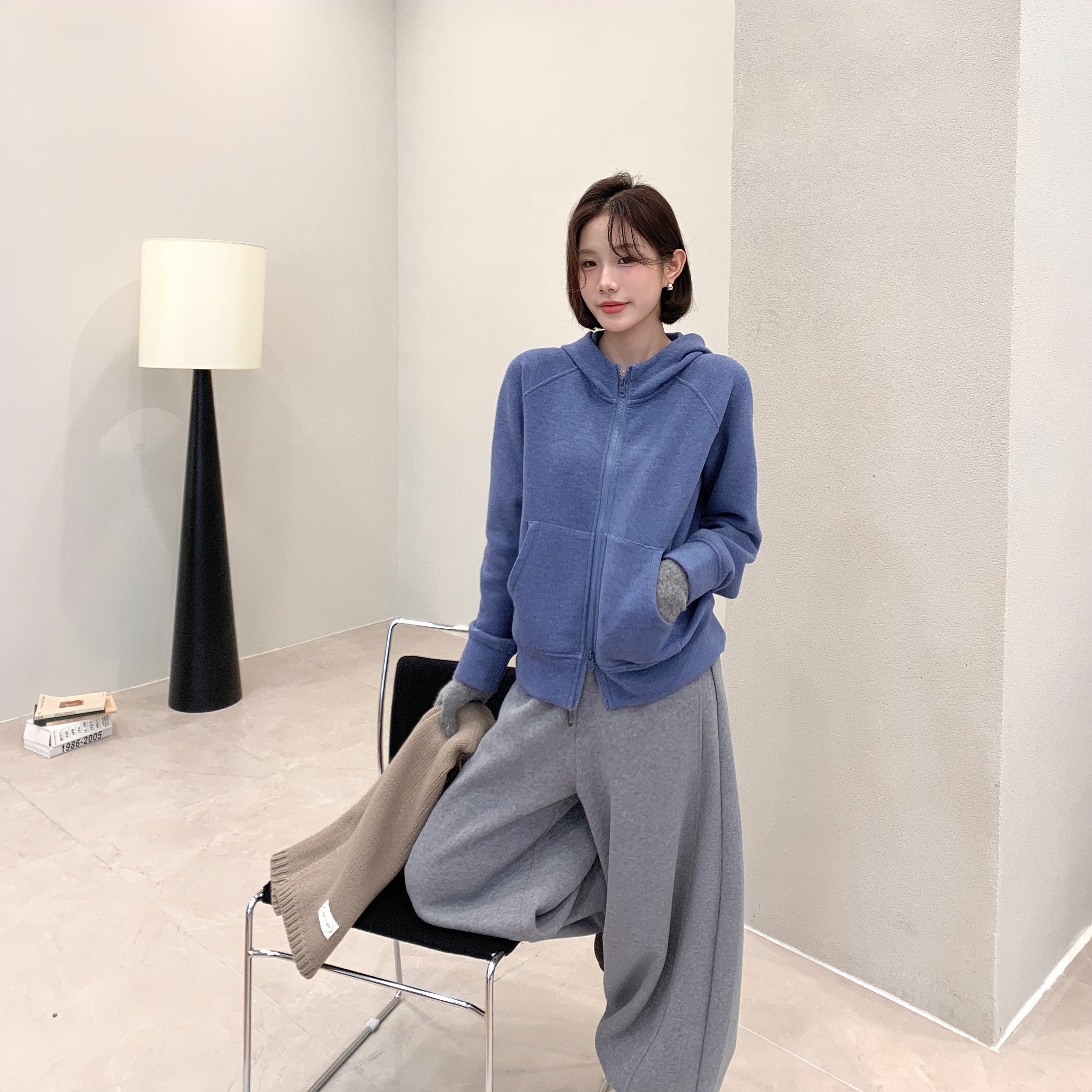 韩系慵懒风连帽开衫女拉链外套