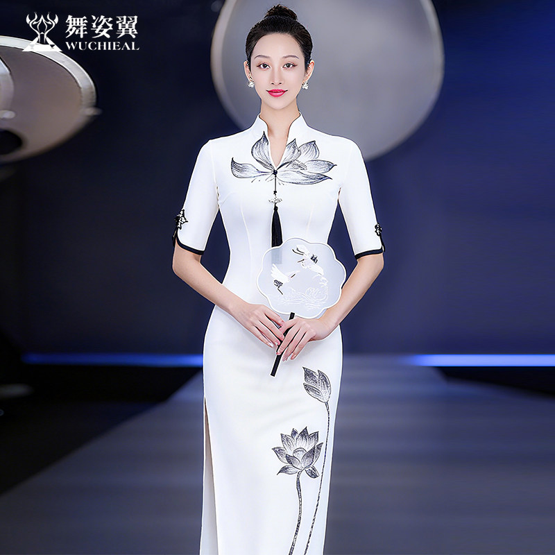 舞姿翼新中式海派修身棉质复古风旗袍中长款莲花印花宴会